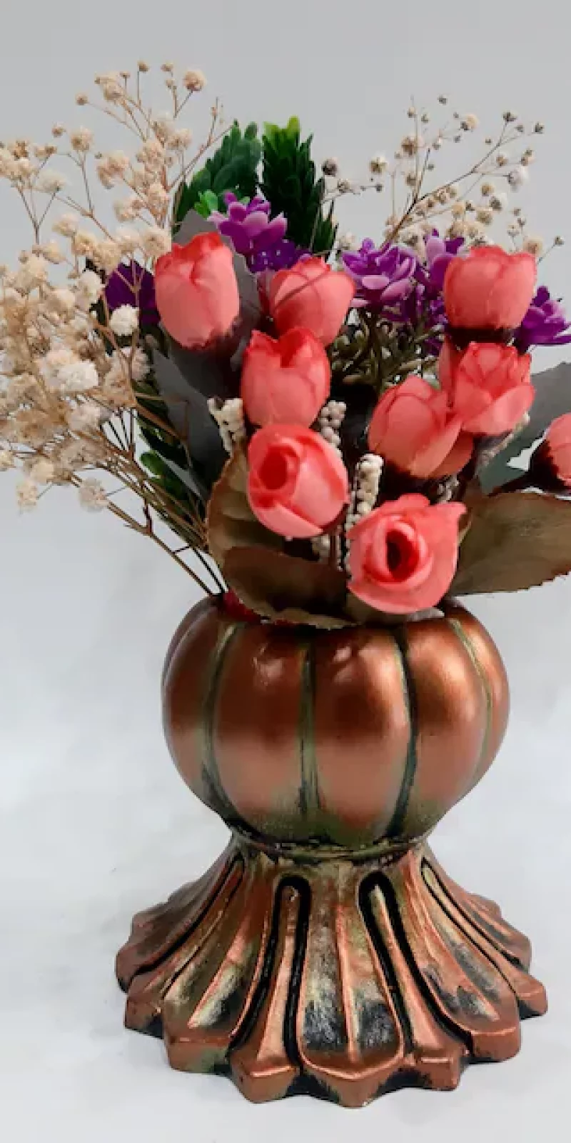 Dekoratif Ayaklı Kabak Saksıda Kuru Çiçek Ve Yapay Güller (3)
